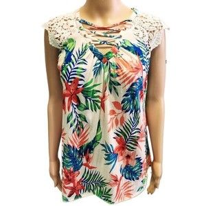 EUC NEW YORK LAUNDRY TROPICAL FLORAL RAW HEMLINE LACE SLEEVES POLYESTER TOP XL